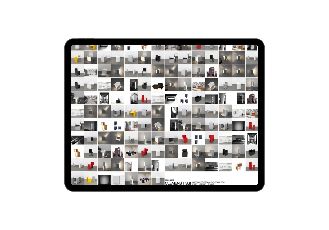 clemenstissi.com auf iPad, Produktuebersicht mit dichtem Raster aus Hunderten von Moebel- und Leuchten-Thumbnails