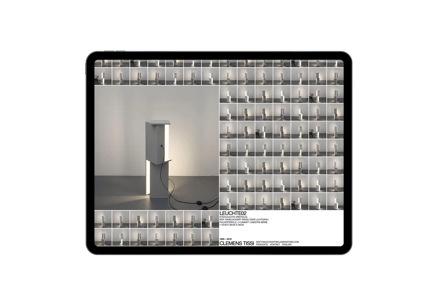 clemenstissi.com auf iPad, Produktdetailseite LEUCHTE02 mit grossem Produktfoto und Thumbnail-Raster