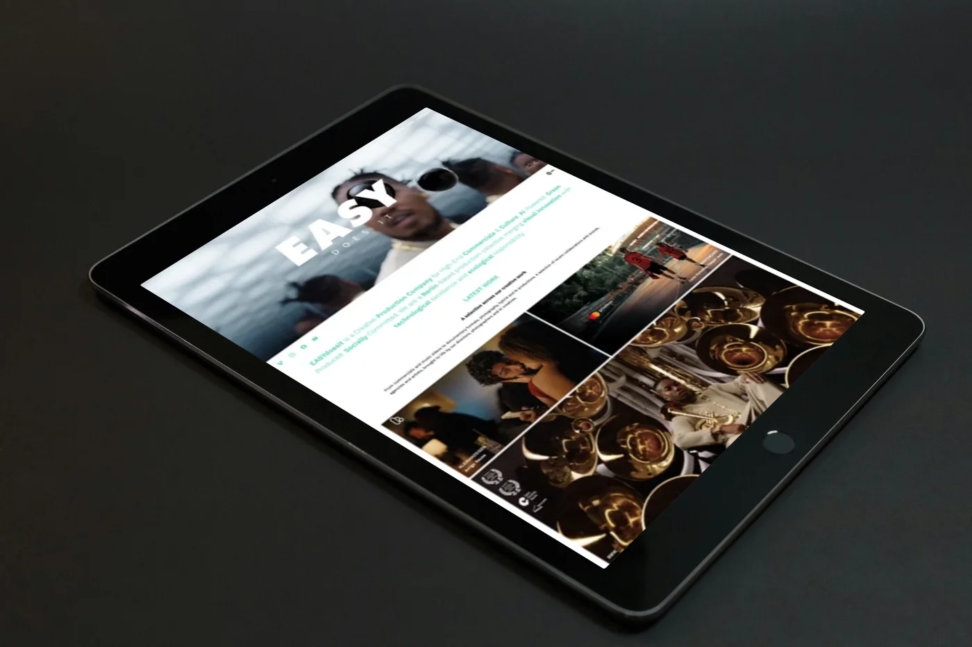 easydoesit.de auf iPad, Startseite mit Hero-Video und Produktions-Portfolio