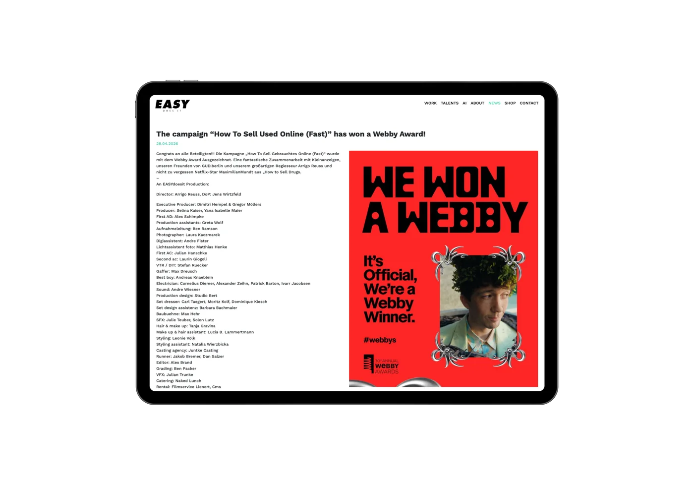 easydoesit.de auf iPad, News-Artikel zum Webby Award fuer die Kampagne How to Sell Used Online Fast
