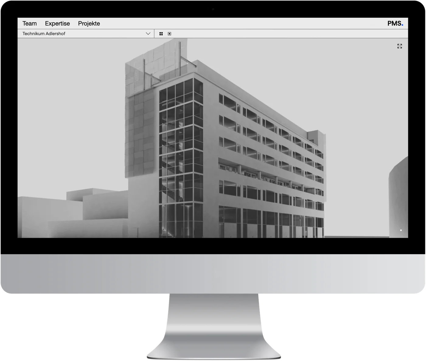 pms-ag.de auf iMac, Vollbild-Projektansicht Technikum Adlershof als 3D-Rendering
