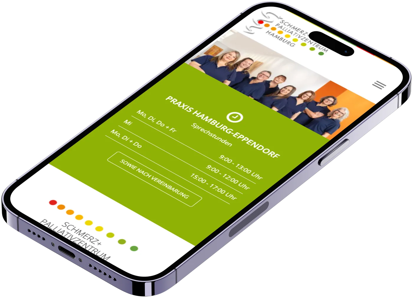 Mobile Ansicht der Praxis Hamburg-Eppendorf mit Team-Foto und Sprechzeiten