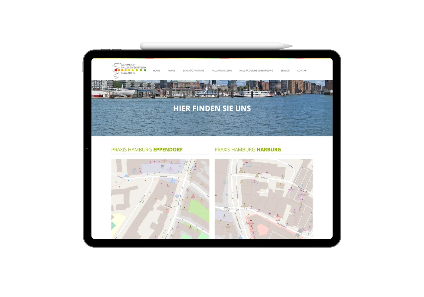 schmerz-palliativzentrum.de auf iPad, Standortuebersicht mit Hamburger Hafen im Header und Karten der Praxen in Eppendorf und Harburg