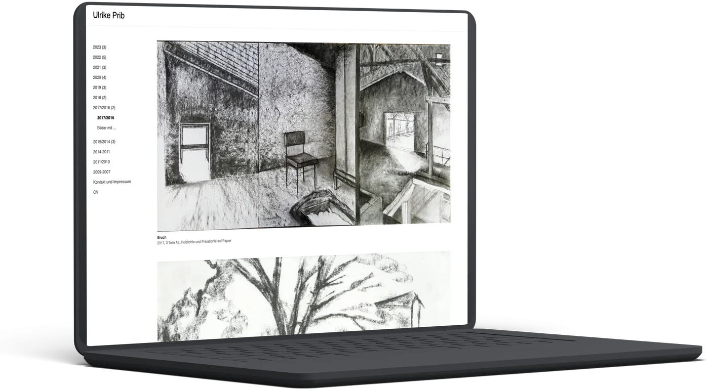 Desktop-Ansicht von ulrikeprib.de auf Surface Laptop, Werkgruppe 2017/2018 mit Innenraum- und Landschaftszeichnungen